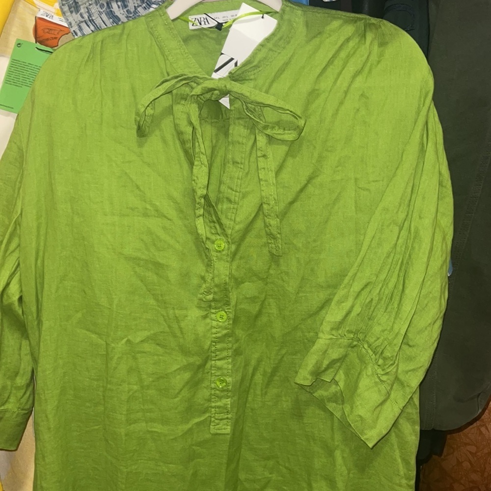 Nwt Zara Pure Linen Neck Tie 100% European Apple Green  Linen dress - Picture 8 of 8